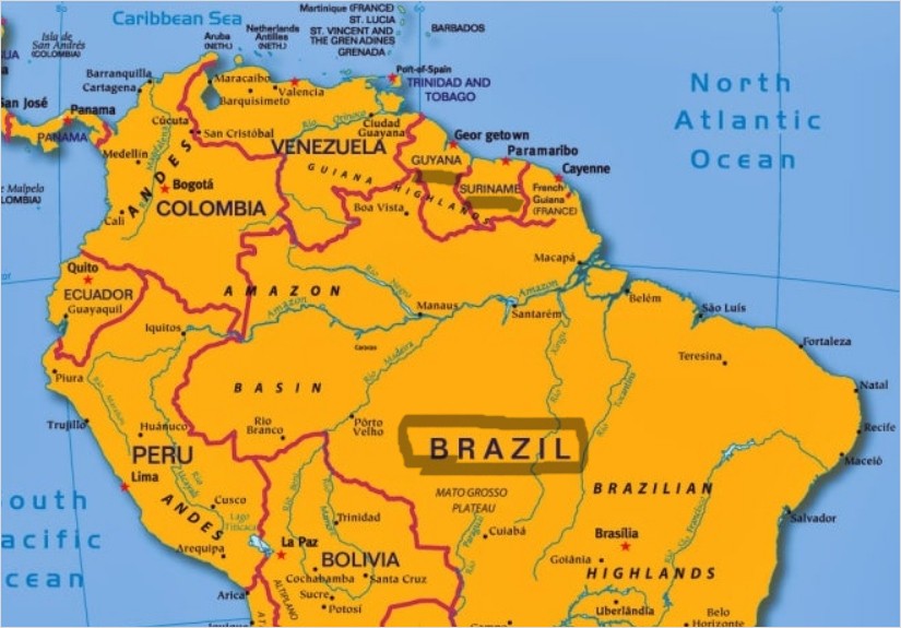 브라질 커피가 탄생하기전 커피생산지,  기이아나와 수리남의 지도 